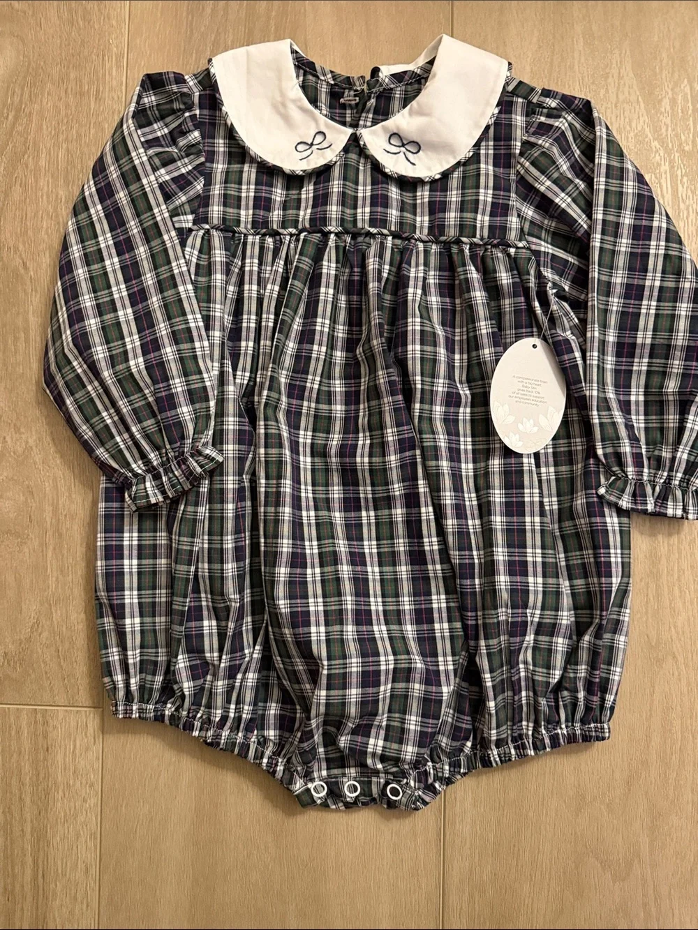 Baby Sen Navy plaid Kids Plaid Bubble Romper with Peter Pan Collar